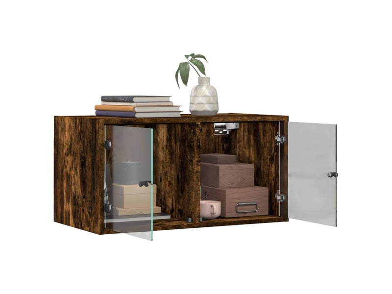  Armoire murale salon, meuble de rangement avec portes en verre chêne fumé 68,5x37x35 cm  - Conforama E