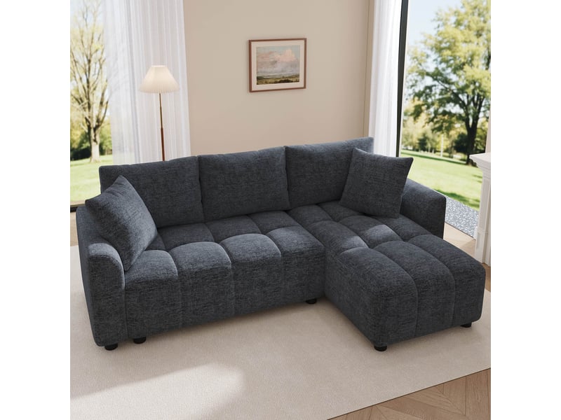  Canapé d’angle modulable 3 places 204 x 127 x 82,5 cm, méridienne réversible, tissu chenille, accoudoirs arrondis, 2 coussins, gris Radiant Stride - Conforama B