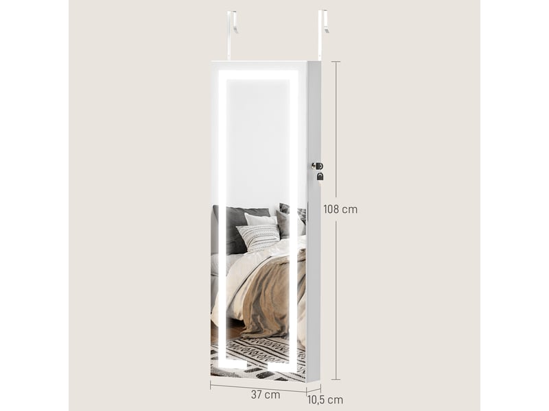  Armoire à bijoux avec led, organisateur de bijoux muralde porte verrouillable avec miroir, blanc, 37 x 10,5 x 108 cm  - Conforama C
