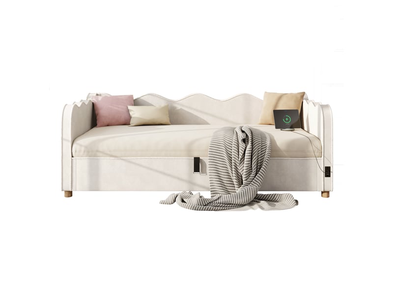  Canapé-lit coffre 90x200 cm avec rangement hydraulique, prises usbtype-c, sommier à lattes et bords rembourrés, velours beige  - Conforama A