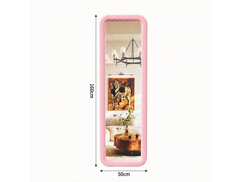 Miroir pleine longueur 160x50 cm, dressing rectangle arrondi, pour chambre et salon, cadre en velours style romantique, avec pied u, rose - Conforama E
