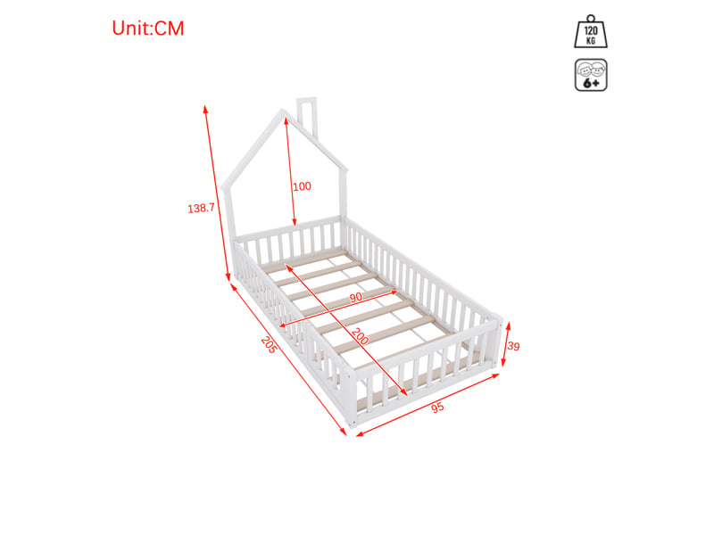 Lit cabane enfant 90x200, lit avec forme de cheminée, style minimaliste blanc, avec sommier à lattes, en bois de pin - Conforama C