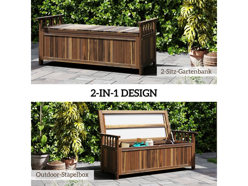 Banc de jardin 2 places en bois, résistant aux intempéries, avec rangement et accoudoirs, 128,5 x 52 x 53,5 cm, finition carbonisée - Conforama E