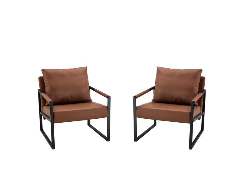  Fauteuil de lecture avec accoudoirs et coussins rembourrés, structure en métal et similicuir marron  - Conforama A