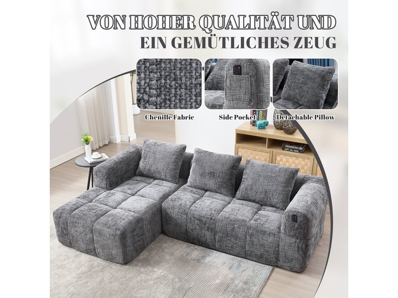 Canapé 3 places en chenille gris avec méridienne, 3 coussins et poches latérales intégrées - Conforama R