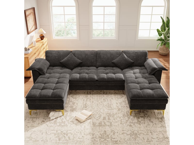  Canapé d'angle panoramique fixe 4 places tissu gris  - Conforama D