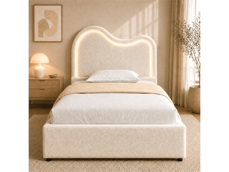  Lit enfant simple 90×200 cm coffre, led réglable - okmyhome- bouclé blanc, sans matelas, sommier inclus  - Conforama C