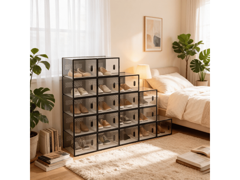  Boîte de rangement chaussures empilable, avec 18 compartiments et transparente, pour chambre et salle de bain, en plastique, noir, 25 × 18,5 × 35,5 cm  - Conforama C