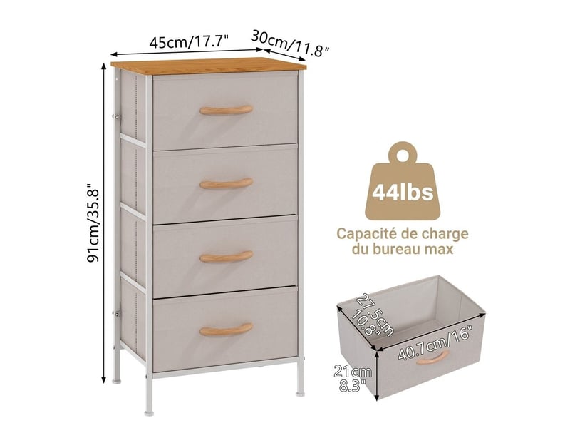  Chiffonnier meuble 45x30x91 cm quatre tiroirs tissu kaki et metal blanc chambre  - Conforama C