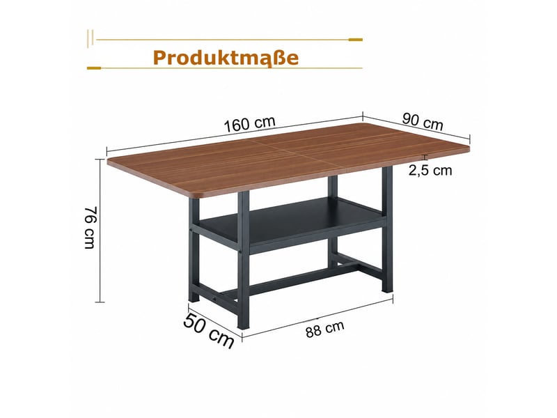 Table à manger rectangulaire 4 à 6 personnes avec étagère de rangement - lpospi - métal mdf noyer et noir 160 × 90 × 76 cm - Conforama D