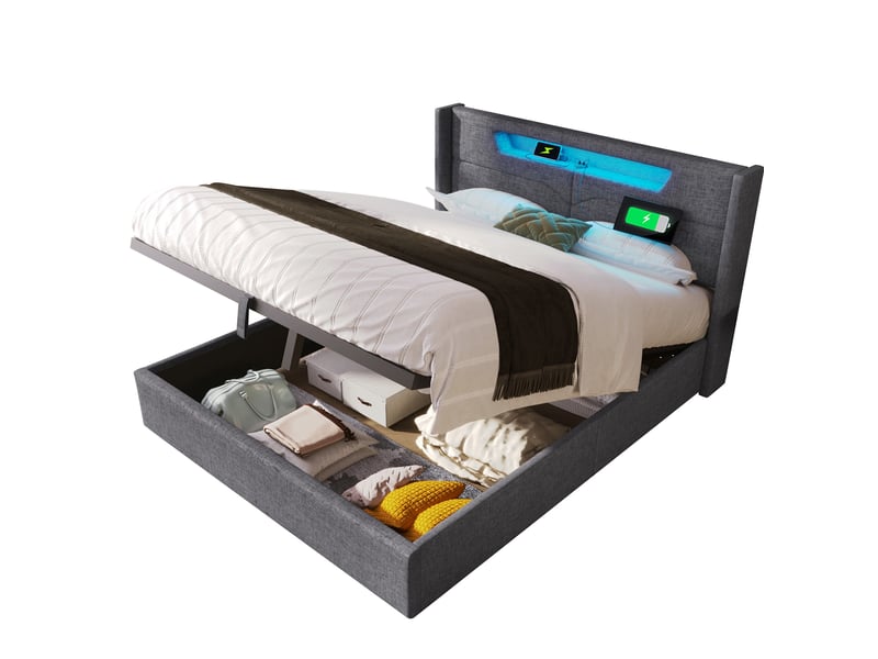  Modenvie lit coffre 140x200 cm - avec led et ports usb-c, matelas et sommier inclus - gris  - Conforama A
