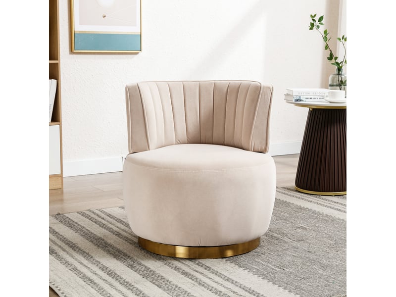 Fauteuil 62,5x62x69,5 cm, pivotant à 360°, assise moelleuse en velours et structure en métal, couleur beige et doré  - Conforama B