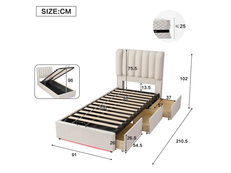  Lit coffre 90x200 cm, lit enfant, rangement hydraulique, 3 tiroirs, led, velours beige  - Conforama W