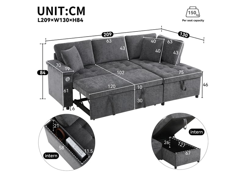 Canapé d'angle 3-4 places 209x130cm - canapé-lit gigogne rangement usb - tissu chenille - beige  - Conforama C