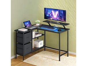 Bureau en forme de l avec 2 tiroirs spacieux, avec support pour écran, d'angle, d'ordinateur avec étagère réglable, pour bureau, noir