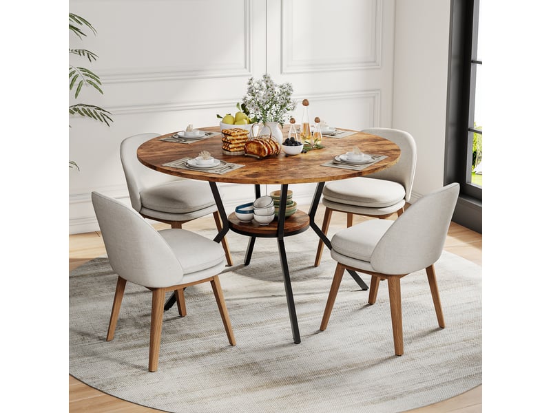 Table à manger ronde ø120cm avec rangement, style industriel marron, 4 à 6 personnes, en mdf et fer, couleur naturel - Conforama C