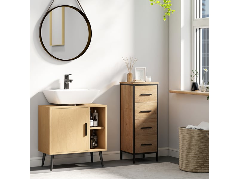  Meuble sous lavabo salle de bain avec porte à fermeture progressive et étagère réglable, 60 x 30 x 59,5 cm, chêne  - Conforama C