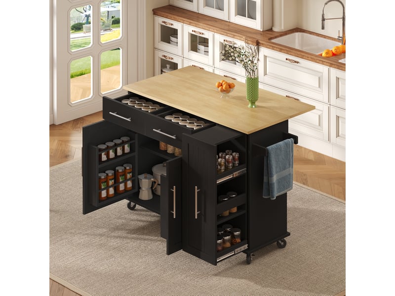  Îlot de cuisine mobile noir avec plateau pliant, desserte à roulettes avec rangement 3 niveaux et tiroirs pour salle à manger  - Conforama R