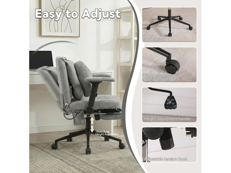  Chaise de bureau gaming grise en tissu, hauteur réglable, repose-pieds, roulettes et soutien lombaire ajustable  - Conforama D