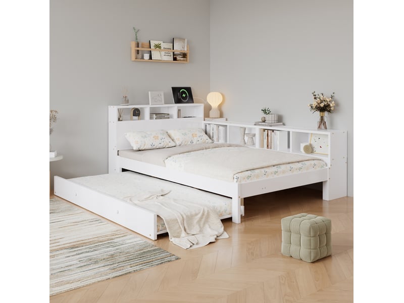 Lit 2 places 120 × 200 cm avec lit gigogne 90 × 190 cm, rangement latéral réversible et station de charge - Conforama E