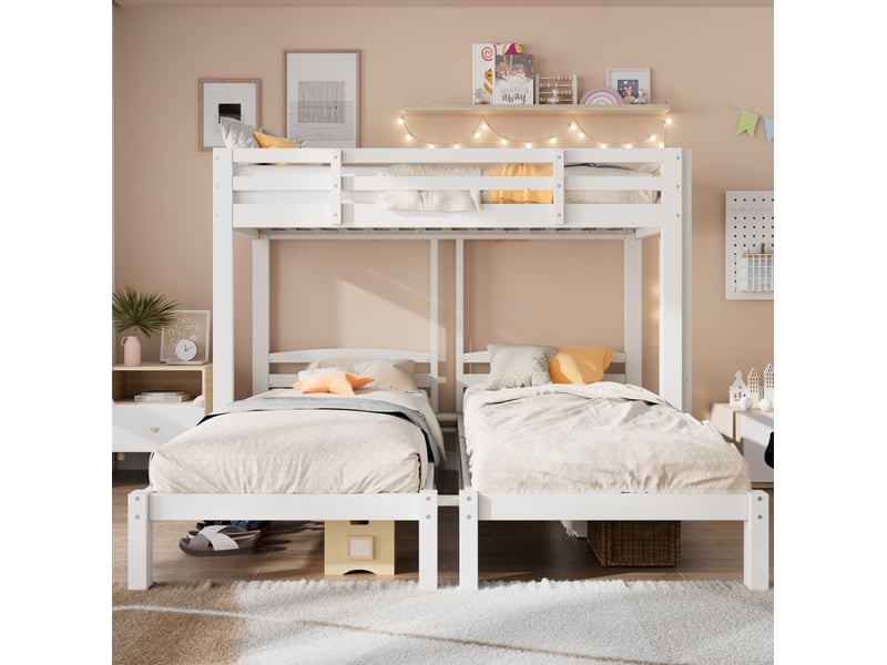 Lit superposé triple 90x200 cm, enfant 3 couchages, structure de lit avec échelle réversible, bois, blanc, sans matelas - Conforama B