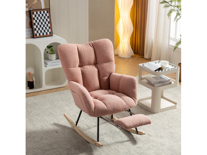  Fauteuil à bascule confortable, revêtement teddy, rose, relax, modèle à oreilles avec repose-pieds et porte de rangement  - Conforama E