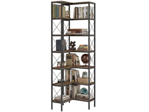 Bibliothèque d'angle à 6 niveaux, meuble de rangement en métal pour salon, chambre, bureau, 60x60x200cm, brun rustique