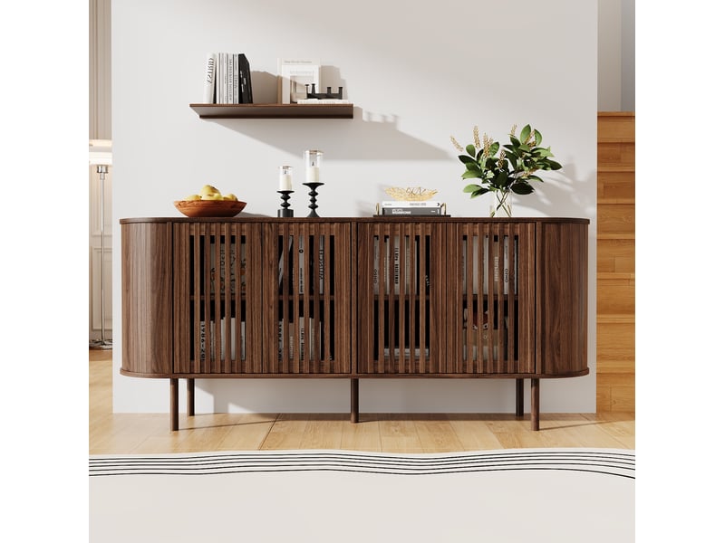  Buffet ulevr 160x40x70 cm avec rangement, 4 portes coulissantes perforées, étagères réglables, mdf noyer, pieds métal noirs  - Conforama D