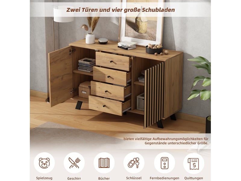  Ensemble meuble tv et buffet 150x38x44 120x38x75 cm – bois naturel et noir – rangement coordonné 9 espaces  - Conforama E