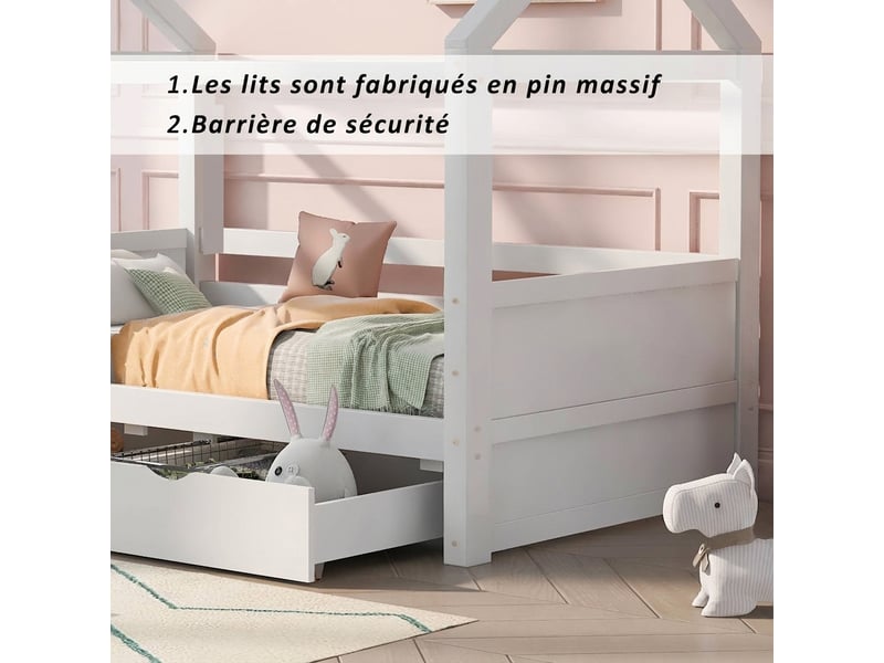  Lit cabane enfant 90x200 bois massif blanc avec tiroirs de rangement et barrière  - Conforama D