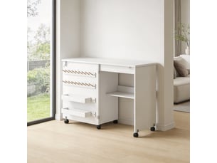 Table de couture pliante, meuble couture roulant, porte magnétique de grange, 2 bacs, étagère, 18 chevilles, blanc