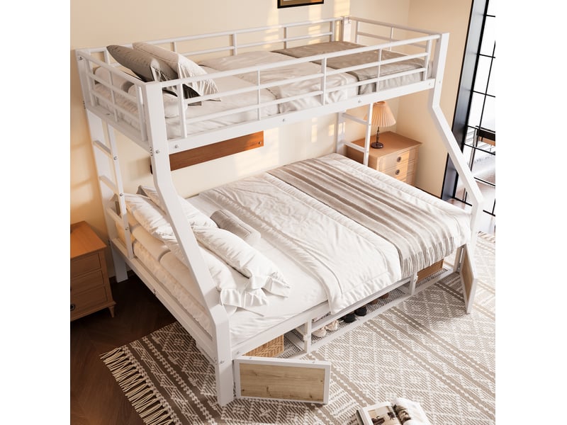  Lit superposé enfant 90 x 200 et 140 x 200 cm avec meuble à chaussures, blanc  - Conforama E