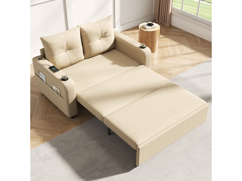 Canapé convertible 3 en 1, canapé lit 2 places en tissu beige, avec ports usb et porte-gobelets, pour salon et chambre, 131x81x94cm - Conforama B