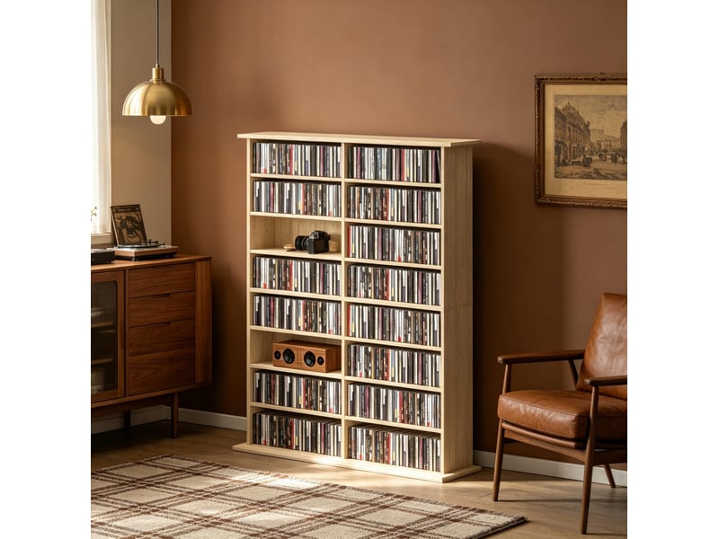  Meuble de rangement cd dvd blu-ray 106,5x24x126,3 cm 16 compartiments et 12 tablettes réglables panneau de particules bois naturel  - Conforama C