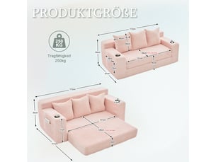 Canapé modulable 3 places 172x87x64 cm rose en velours côtelé, coussins, porte-gobelets, poches latérales, design sans cadre