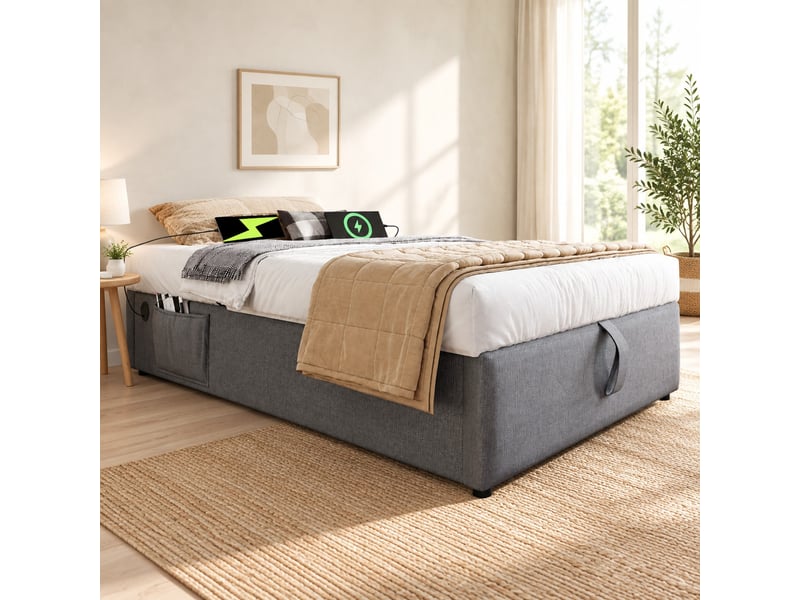  Lit 1 place avec rangement hydraulique 90 x 200 cm, gris, sans tête de lit, usb et type-c  - Conforama C