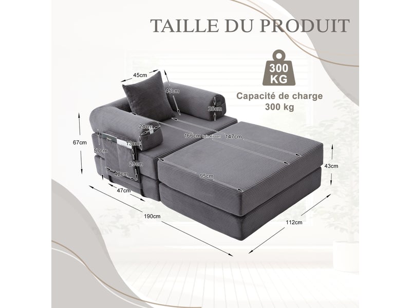 Fauteuil modulable modenvie 1 place avec pouf velours côtelé gris foncé 112 x 190 x 67 cm - Conforama C