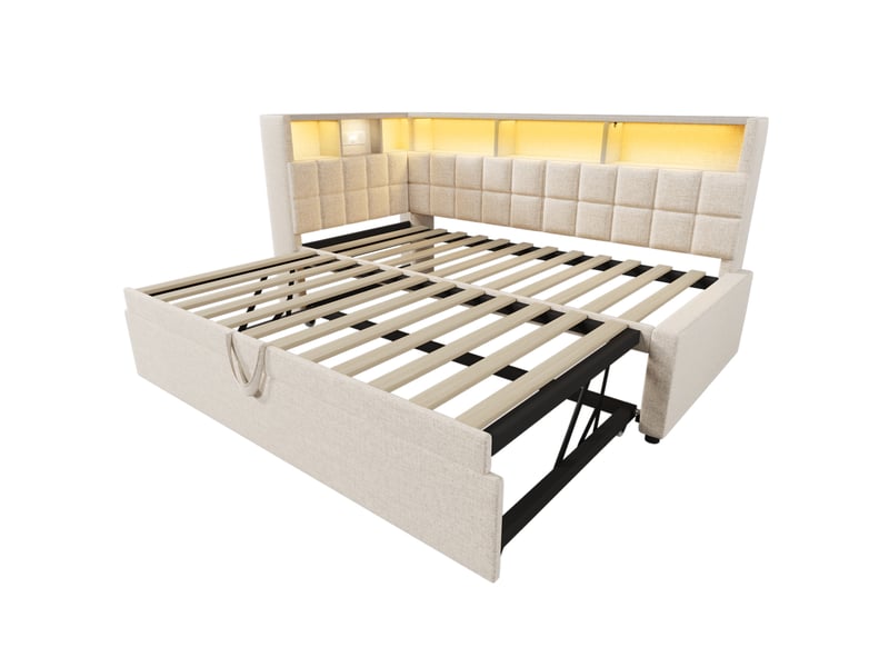  Lit banquette 90x200 cm – beige – lit gigogne, led, rangement, usb-c et enceinte bluetooth – sans matelas  - Conforama D
