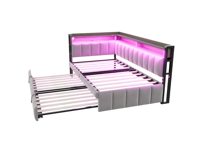 Lit enfant gigogne 90x200cm+90x190cm led, rangement, ports usb‑c, sommier à lattes, velours gris clair sans matelas - Conforama R