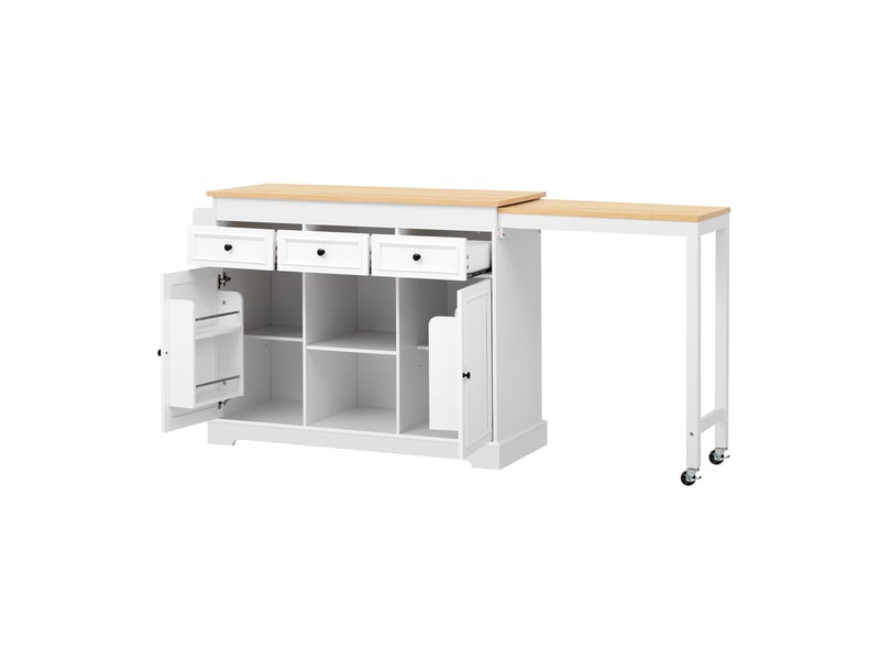  Îlot de cuisine sur roulettes plateau extensible 112-188 cm 3 tiroirs étagère à épices blanc  - Conforama A