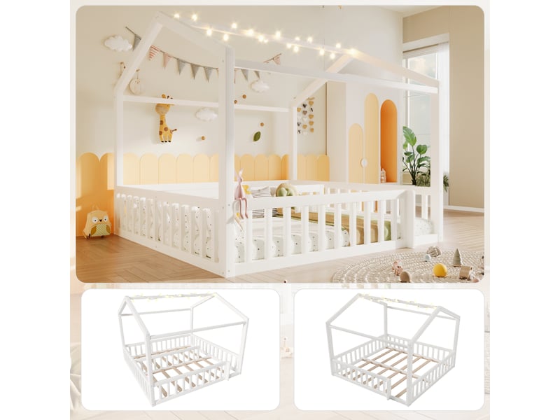  Lit enfant 90180x190 cm - lit cabane avec garde-corps et éclairage led - sans matelas - pin blanc  - Conforama E