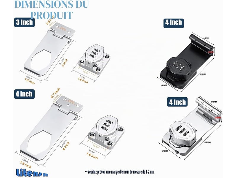  Loquet porte avec serrure a code, verrou porte placard serrure armoire 4 pouces 90 degrés  - Conforama B