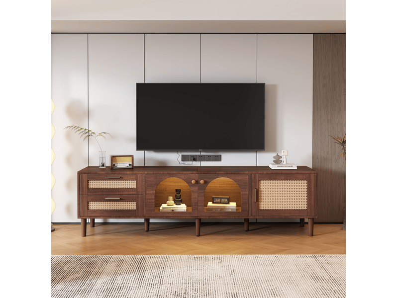  Meuble tv modenvie 180 x 40 x 50 cm marron avec led, 2 tiroirs en rotin et 3 portes  - Conforama B