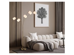 Globo truett lampadaire à plusieurs bras, laiton mat, abat-jour blanc lin, 5 x e27