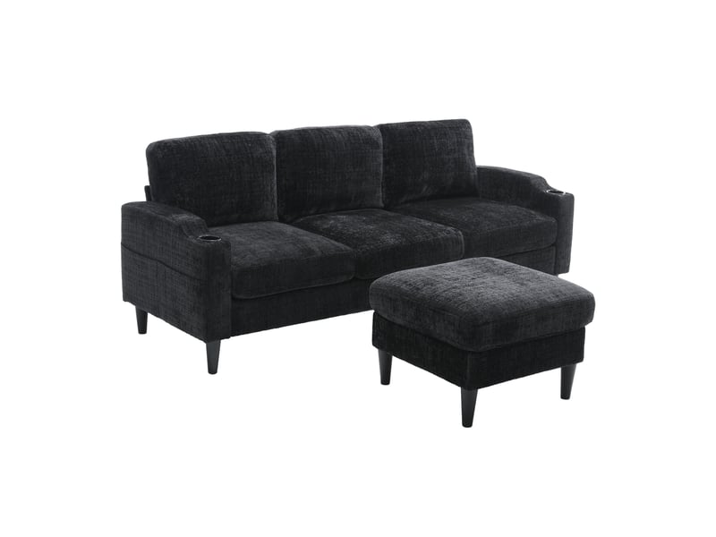  Canapé 4 places 196.5x75x77 cm, avec pouf et rangement, structure en métal et bois, noir  - Conforama A