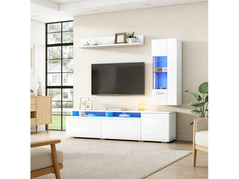  Meuble tv tcqpz ensemble mural 3 pièces blanc brillant led pour tv jusqu'à 80 pouces mdf verre acrylique  - Conforama B