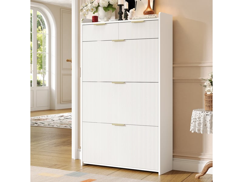  Meuble à chaussures 3 abattants et 2 tiroirs, blanc, 80 x 25 x 135 cm  - Conforama E