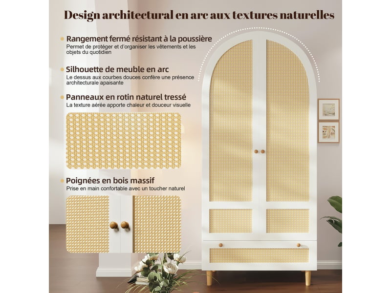 Armoire chambre 80x50x180 cm - penderie avec cannage rotin, 1 tiroir, tringle à vêtements, design en arche, blanc - Conforama E