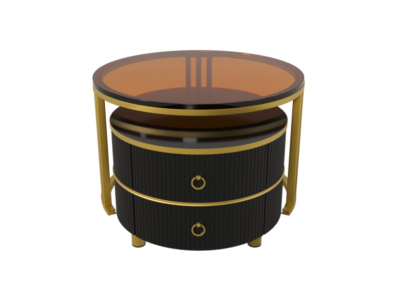 Table basse moderne ronde 2 en 1 mdf | plateau brillant et verre trempé marron, ensemble multifonction,noir - Conforama D