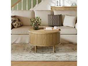 Table basse ronde réglable bois naturel, plateau coulissant, hauteur ajustable, 80 × 80 × 50 cm